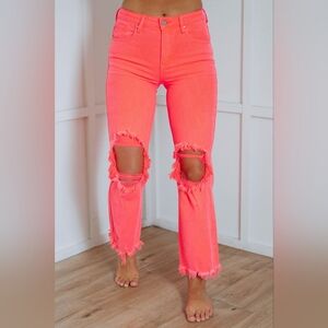 Bright Pink Distressed Ankle Jeans